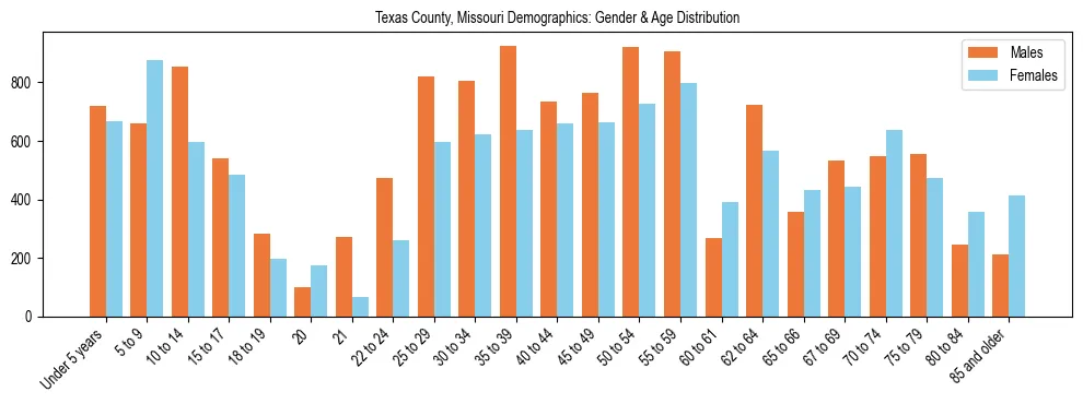 Bar chart showing the population distribution of Texas County, Missouri by age group and gender, based on 2023 ACS data.