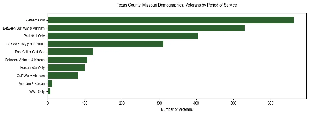 Horizontal bar chart showing veteran distribution by period of military service in Texas County, Missouri, based on 2023 ACS data.