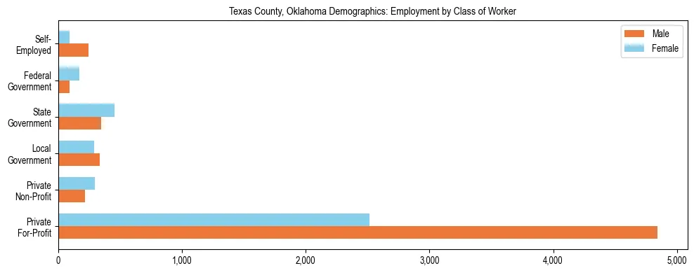 Horizontal bar chart showing employment distribution by class of worker and gender in Texas County, Oklahoma, based on 2023 ACS data.