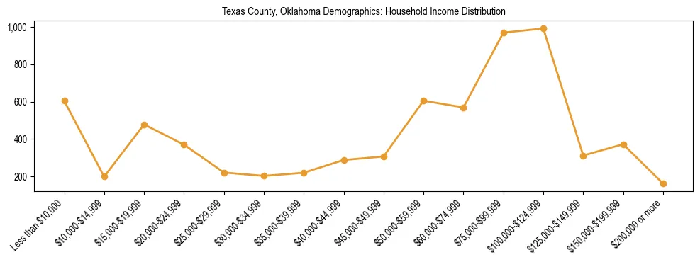 Horizontal bar chart showing household income distribution in Texas County, Oklahoma.
