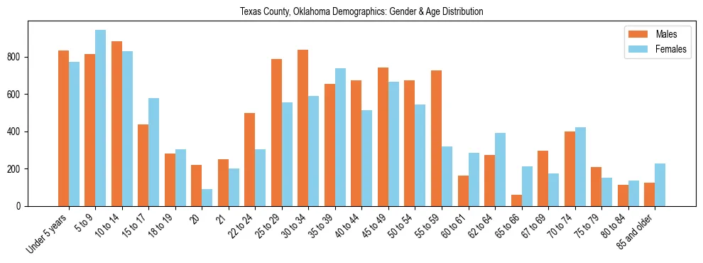 Bar chart showing the population distribution of Texas County, Oklahoma by age group and gender, based on 2023 ACS data.