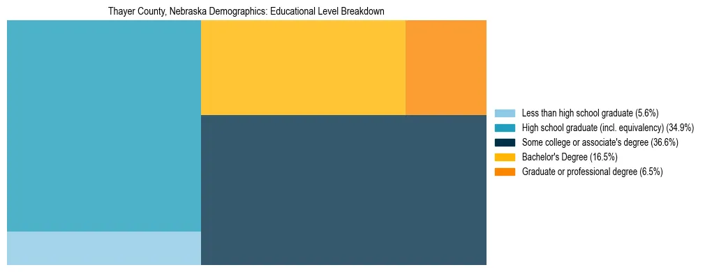 Treemap chart illustrating the educational attainment breakdown for population 25 years and over in Thayer County, Nebraska.