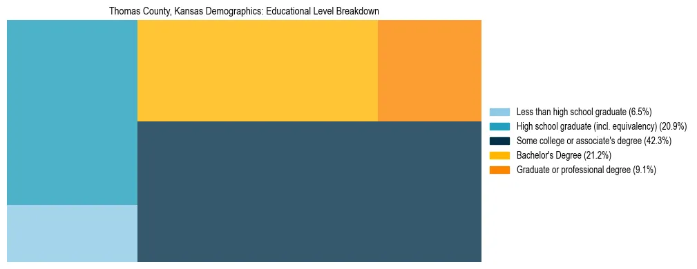 Treemap chart illustrating the educational attainment breakdown for population 25 years and over in Thomas County, Kansas.