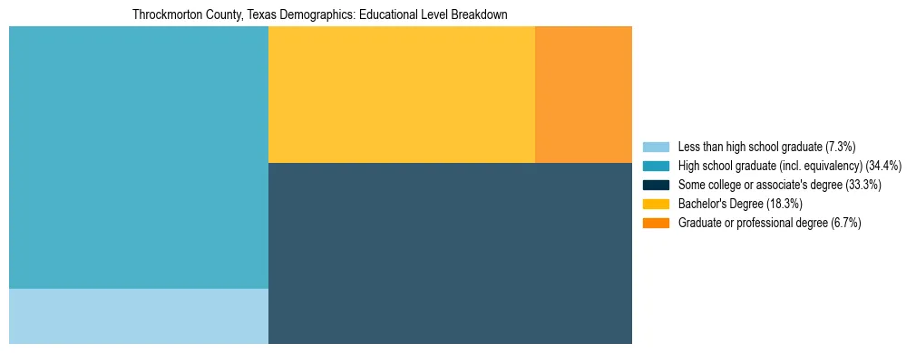 Treemap chart illustrating the educational attainment breakdown for population 25 years and over in Throckmorton County, Texas.