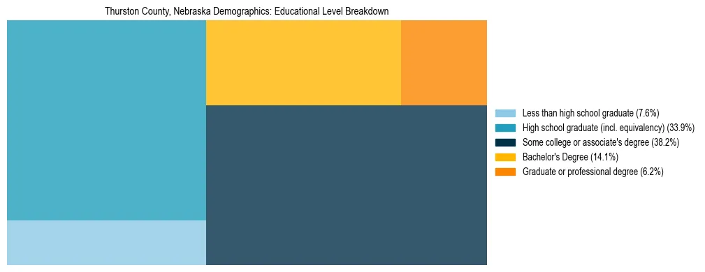 Treemap chart illustrating the educational attainment breakdown for population 25 years and over in Thurston County, Nebraska.