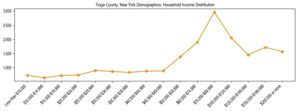 Horizontal bar chart showing household income distribution in Tioga County, New York.