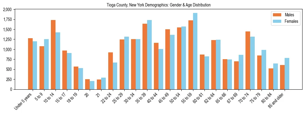 Bar chart showing the population distribution of Tioga County, New York by age group and gender, based on 2023 ACS data.
