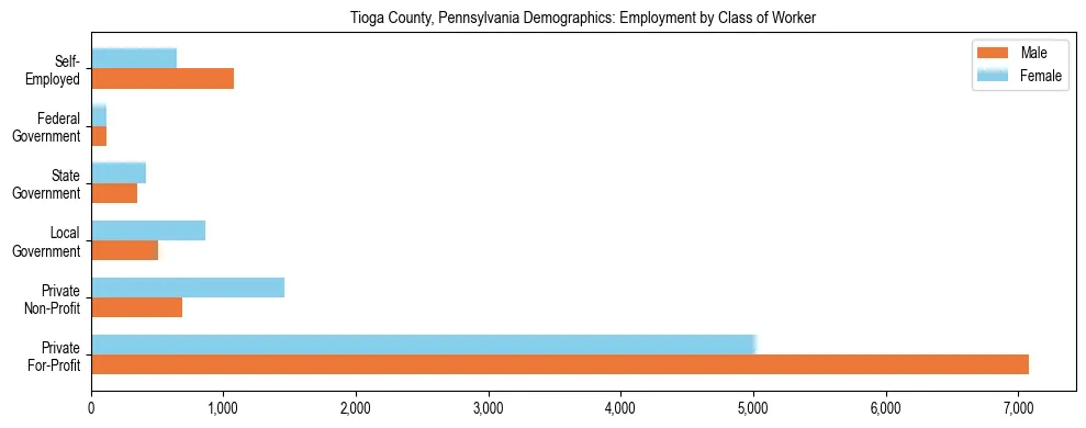 Horizontal bar chart showing employment distribution by class of worker and gender in Tioga County, Pennsylvania, based on 2023 ACS data.