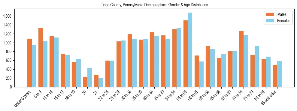 Bar chart showing the population distribution of Tioga County, Pennsylvania by age group and gender, based on 2023 ACS data.