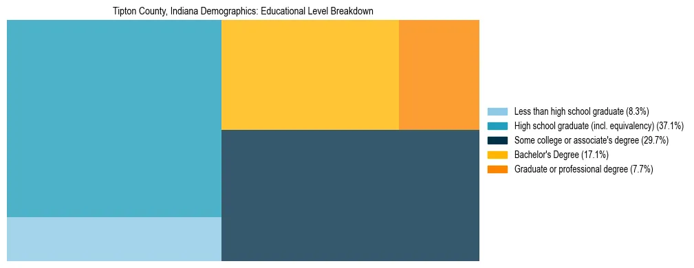Treemap chart illustrating the educational attainment breakdown for population 25 years and over in Tipton County, Indiana.