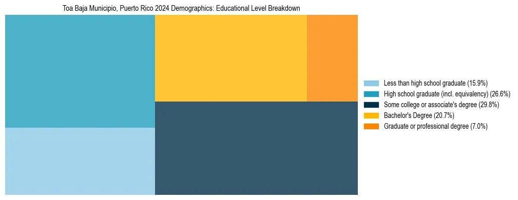 Treemap chart illustrating the educational attainment breakdown for population 25 years and over in Toa Baja Municipio, Puerto Rico.