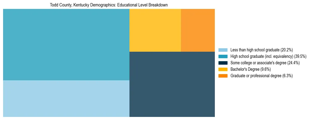 Treemap chart illustrating the educational attainment breakdown for population 25 years and over in Todd County, Kentucky.