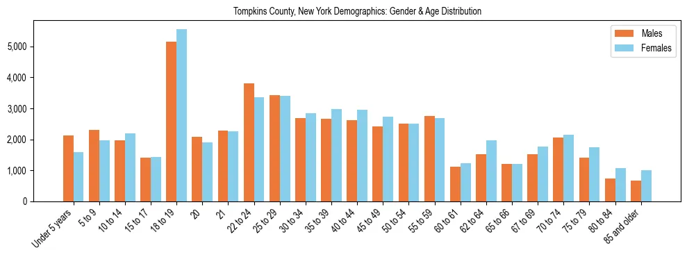 Bar chart showing the population distribution of Tompkins County, New York by age group and gender, based on 2023 ACS data.