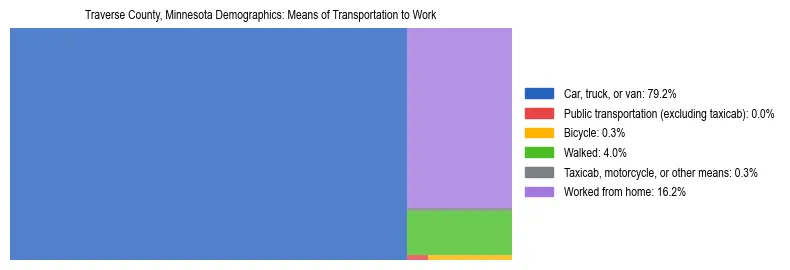 Treemap showing means of transportation to work distribution in Traverse County, Minnesota.