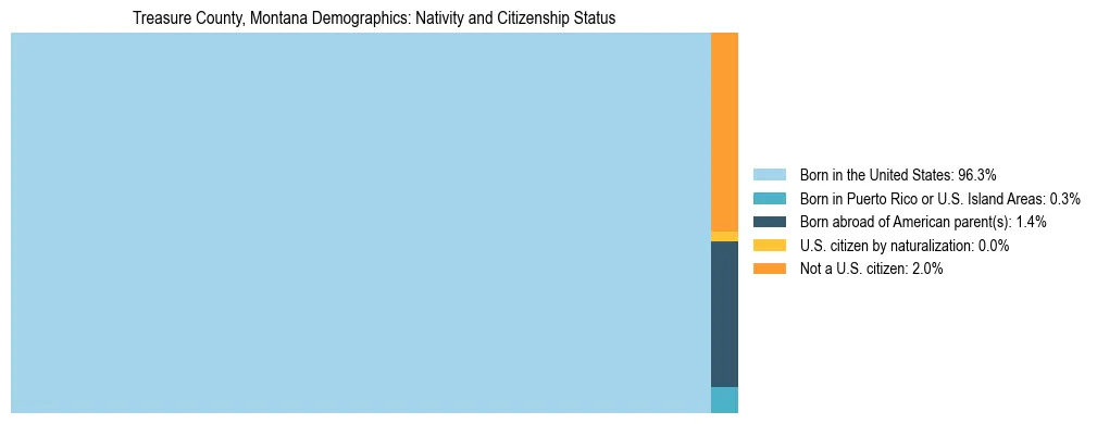 Treemap showing the population distribution by nativity and citizenship status in Treasure County, Montana based on U.S. Census data.