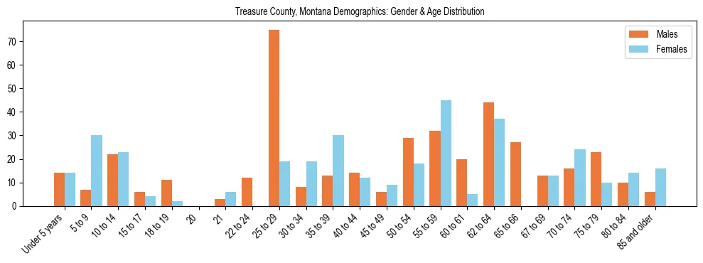 Bar chart showing the population distribution of Treasure County, Montana by age group and gender, based on 2023 ACS data.