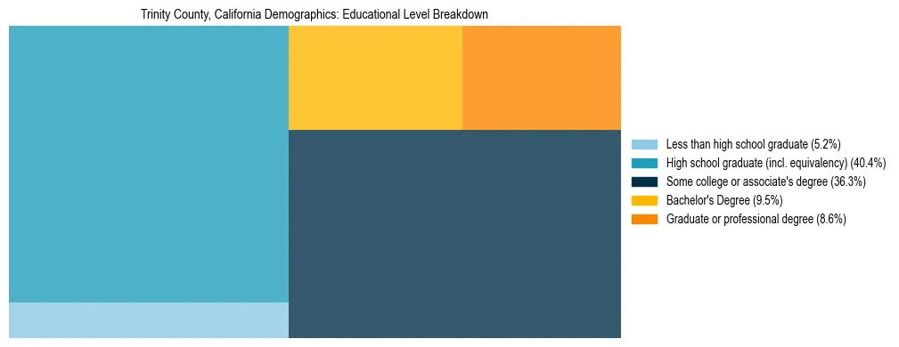 Treemap chart illustrating the educational attainment breakdown for population 25 years and over in Trinity County, California.