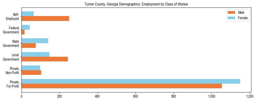 Horizontal bar chart showing employment distribution by class of worker and gender in Turner County, Georgia, based on 2023 ACS data.
