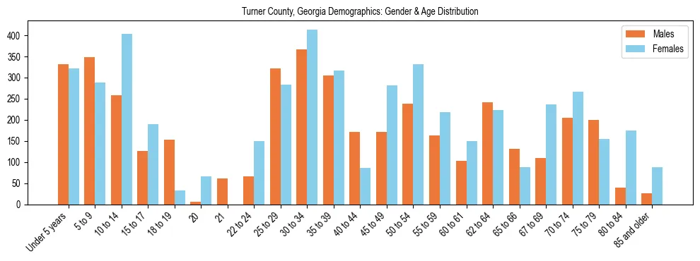 Bar chart showing the population distribution of Turner County, Georgia by age group and gender, based on 2023 ACS data.