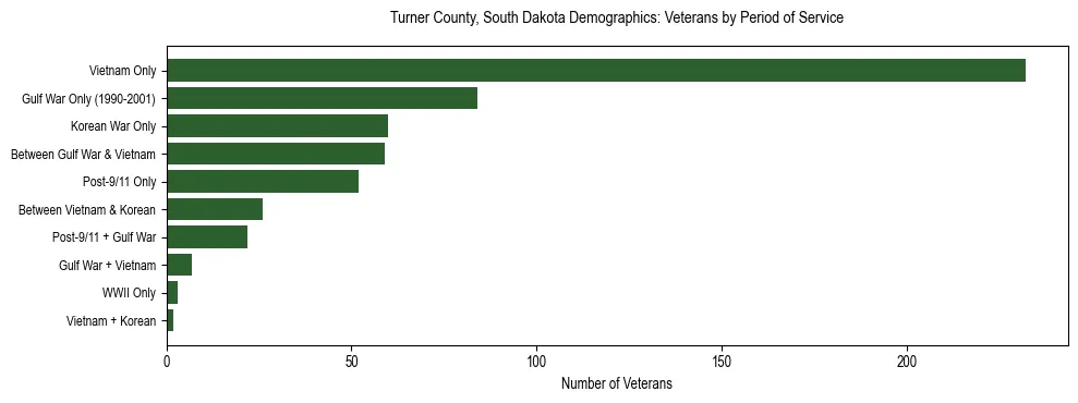 Horizontal bar chart showing veteran distribution by period of military service in Turner County, South Dakota, based on 2023 ACS data.