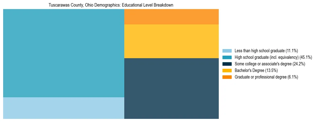 Treemap chart illustrating the educational attainment breakdown for population 25 years and over in Tuscarawas County, Ohio.