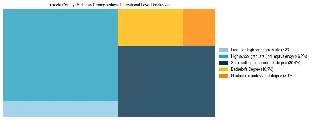 Treemap chart illustrating the educational attainment breakdown for population 25 years and over in Tuscola County, Michigan.