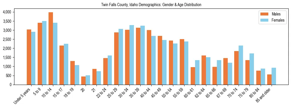 Bar chart showing the population distribution of Twin Falls County, Idaho by age group and gender, based on 2023 ACS data.