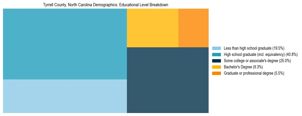 Treemap chart illustrating the educational attainment breakdown for population 25 years and over in Tyrrell County, North Carolina.