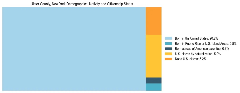Treemap showing the population distribution by nativity and citizenship status in Ulster County, New York based on U.S. Census data.