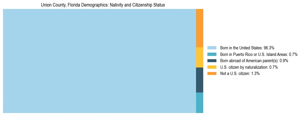Treemap showing the population distribution by nativity and citizenship status in Union County, Florida based on U.S. Census data.