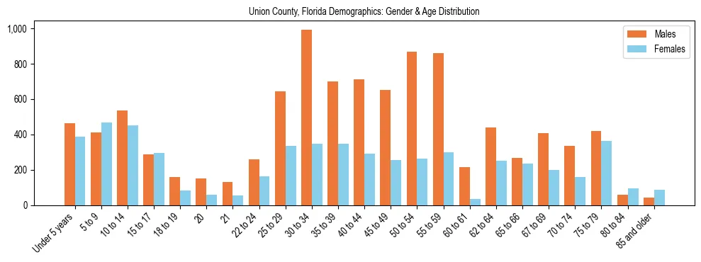 Bar chart showing the population distribution of Union County, Florida by age group and gender, based on 2023 ACS data.
