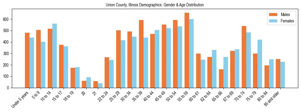 Bar chart showing the population distribution of Union County, Illinois by age group and gender, based on 2023 ACS data.