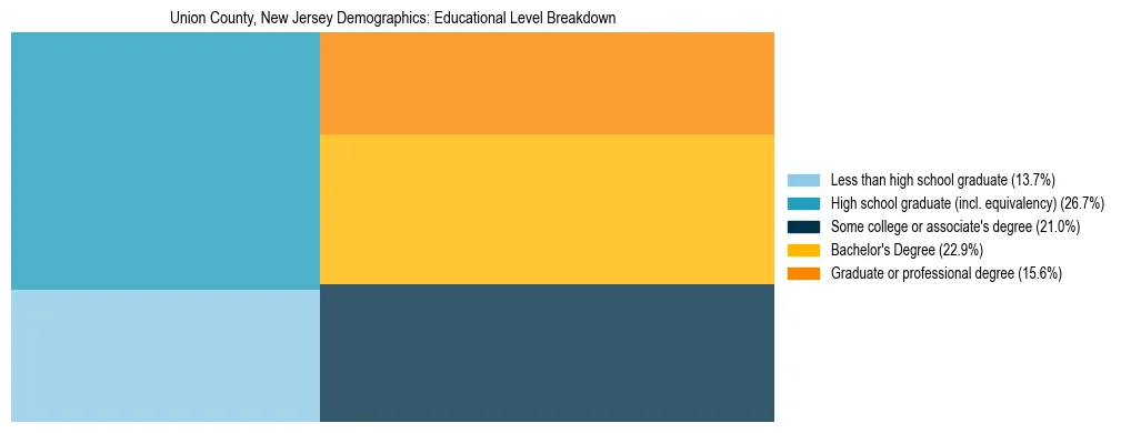 Treemap chart illustrating the educational attainment breakdown for population 25 years and over in Union County, New Jersey.