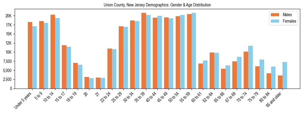 Bar chart showing the population distribution of Union County, New Jersey by age group and gender, based on 2023 ACS data.