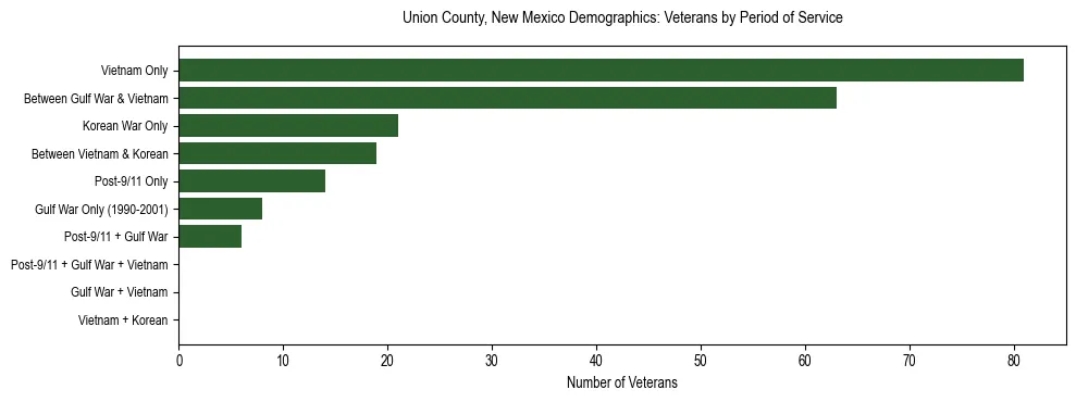 Horizontal bar chart showing veteran distribution by period of military service in Union County, New Mexico, based on 2023 ACS data.