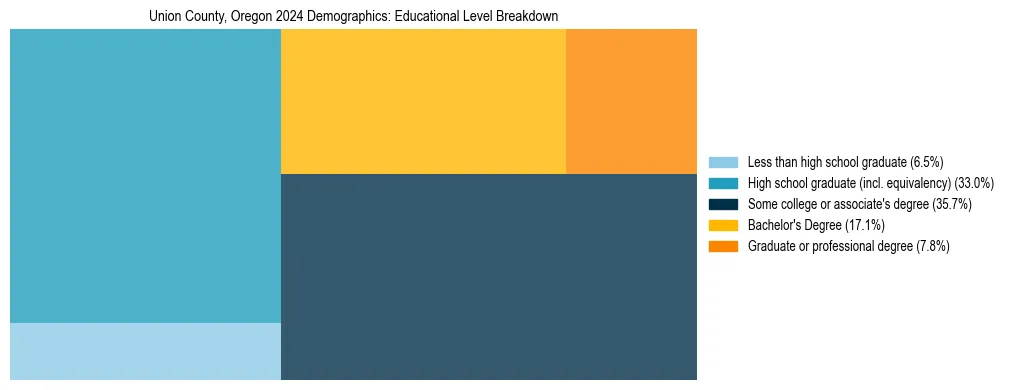 Treemap chart illustrating the educational attainment breakdown for population 25 years and over in Union County, Oregon.