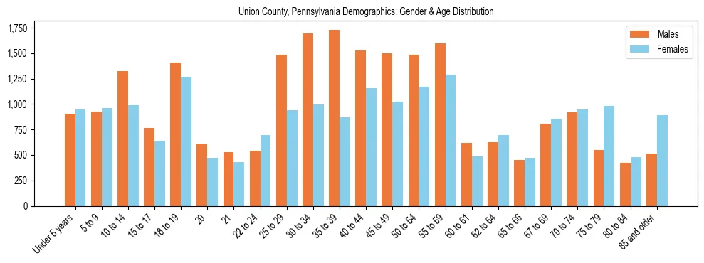 Bar chart showing the population distribution of Union County, Pennsylvania by age group and gender, based on 2023 ACS data.