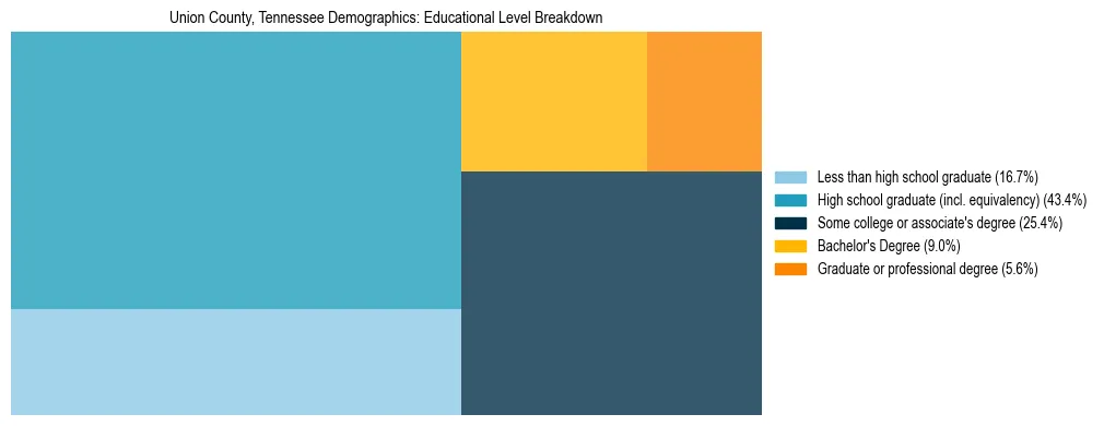 Treemap chart illustrating the educational attainment breakdown for population 25 years and over in Union County, Tennessee.