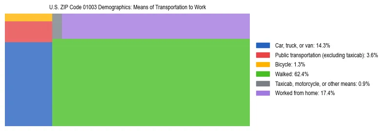 Treemap showing means of transportation to work distribution in US ZIP Code 01003.