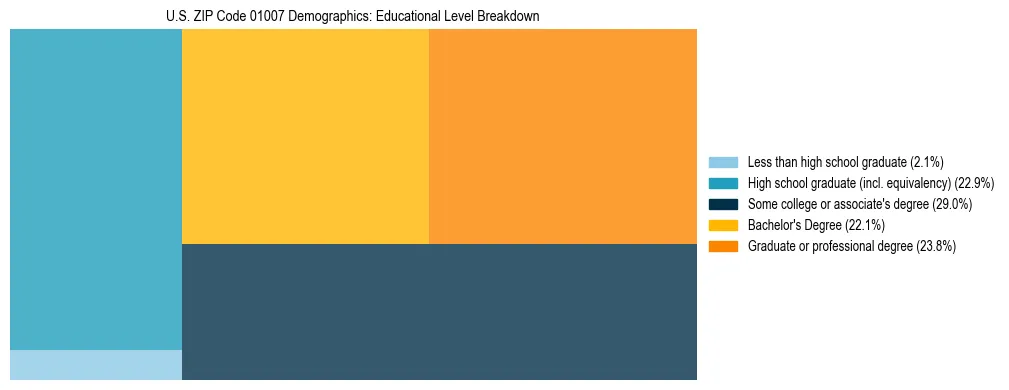 Treemap chart illustrating the educational attainment breakdown for population 25 years and over in US ZIP Code 01007.