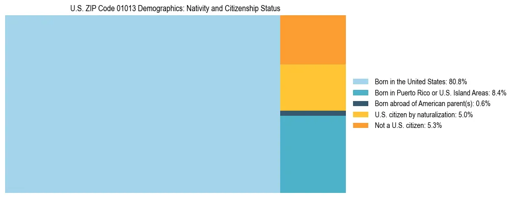 Treemap showing the population distribution by nativity and citizenship status in US ZIP Code 01013 based on U.S. Census data.