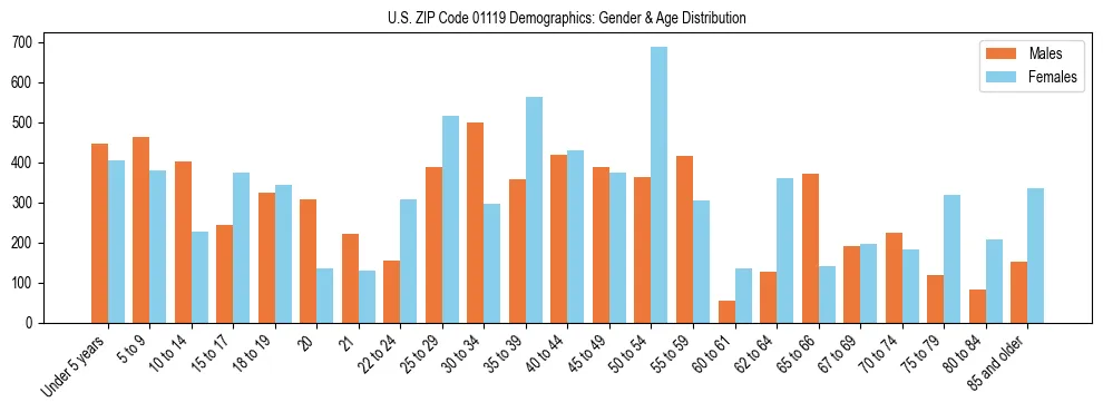 Bar chart showing the population distribution of US ZIP Code 01119 by age group and gender, based on 2023 ACS data.