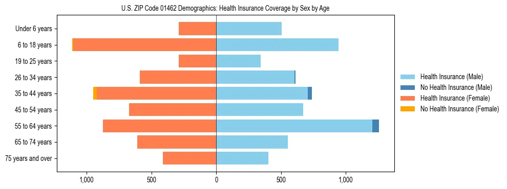 Pyramid chart showing health insurance coverage by age and sex in US ZIP Code 01462.