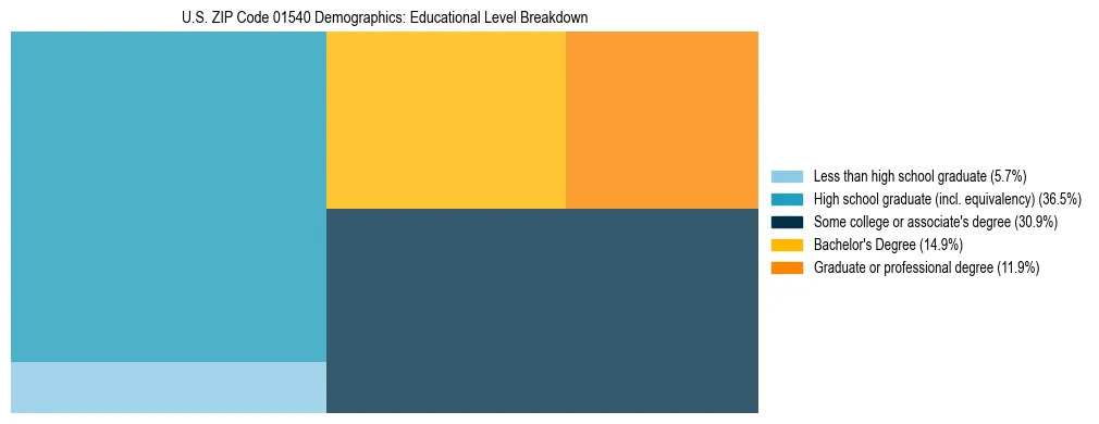 Treemap chart illustrating the educational attainment breakdown for population 25 years and over in US ZIP Code 01540.