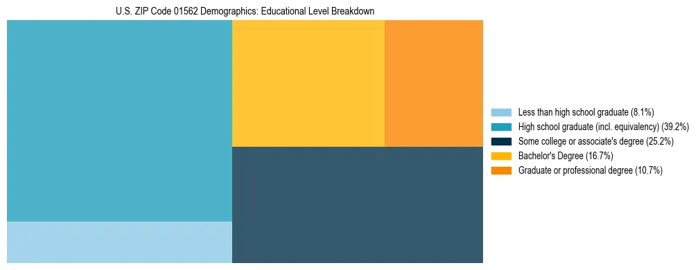 Treemap chart illustrating the educational attainment breakdown for population 25 years and over in US ZIP Code 01562.