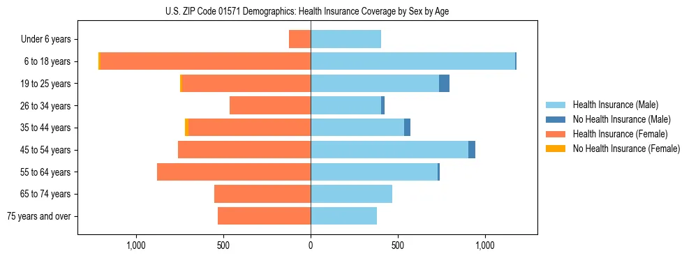Pyramid chart showing health insurance coverage by age and sex in US ZIP Code 01571.
