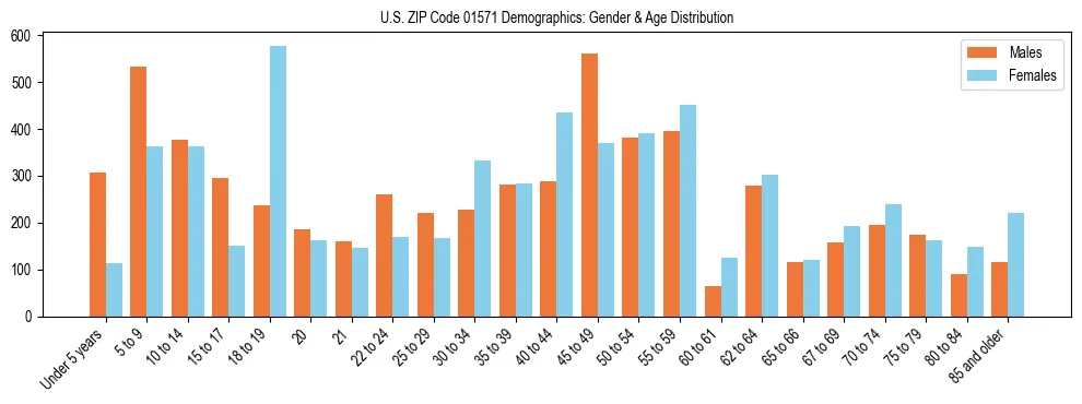 Bar chart showing the population distribution of US ZIP Code 01571 by age group and gender, based on 2023 ACS data.