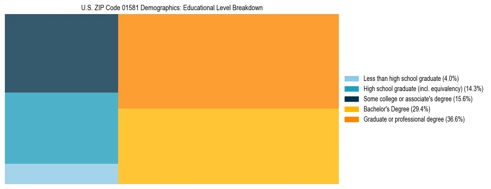 Treemap chart illustrating the educational attainment breakdown for population 25 years and over in US ZIP Code 01581.
