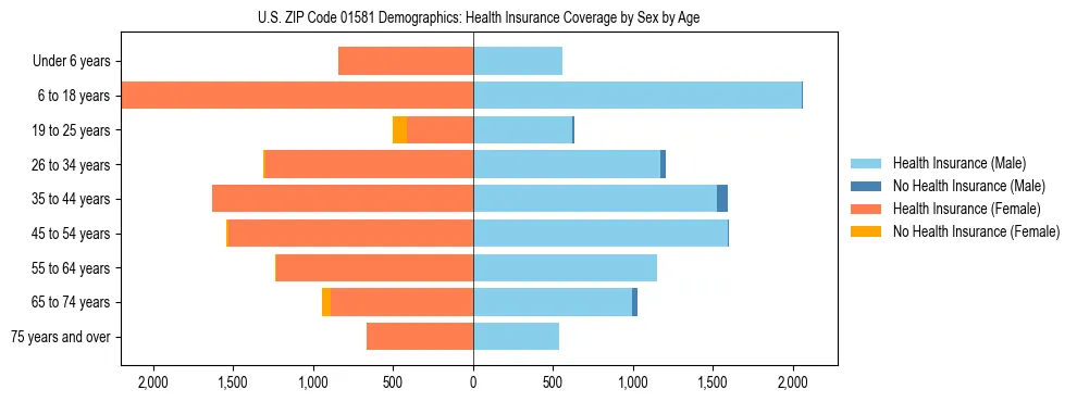 Pyramid chart showing health insurance coverage by age and sex in US ZIP Code 01581.