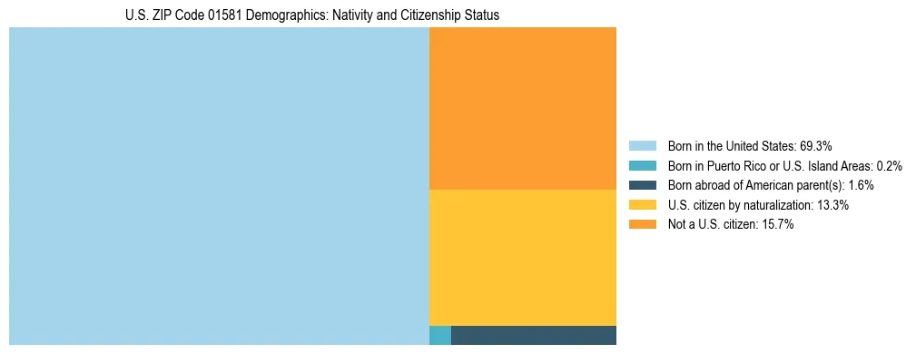 Treemap showing the population distribution by nativity and citizenship status in US ZIP Code 01581 based on U.S. Census data.